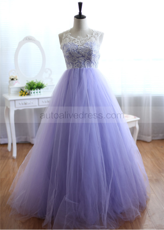 Ivory Lace Lavender Tulle Cute Long Prom Dress Ivory Lace Lavender Tulle Cute Long Prom Dress
